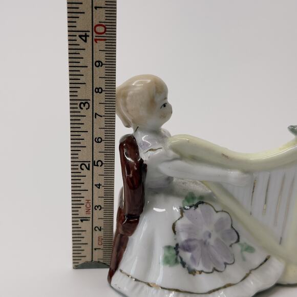 Vintage Figurine 18th Century Girl Playing Harp/Floral Dress/Bird Hand Painted - Picture 9 of 9